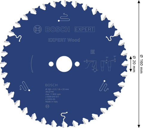 BoschEXPERT 木工圆锯片 160mm，用于木材切割。